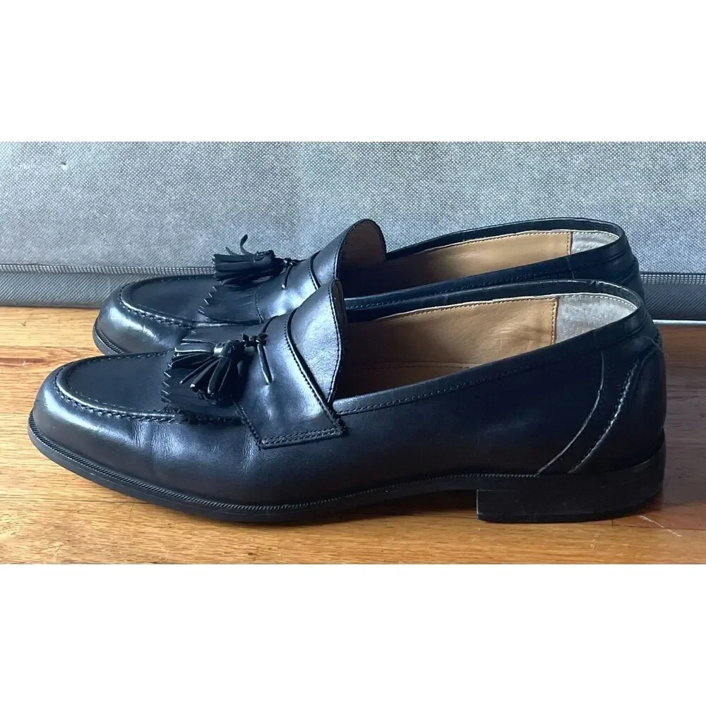 Chaps Mens 9.5M Black Leather Kiltie Fringe Tassel Loafers Dress Shoes